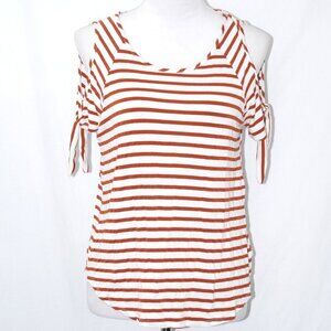 Peekaboo Shoulders EUC Tie Sleeves XL Striped Shirt Rust Orange White